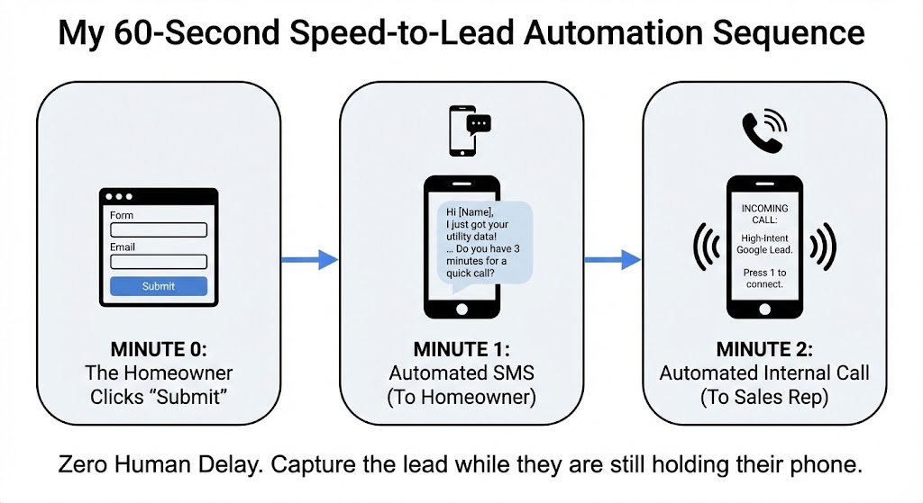 A CRM workflow diagram showing instant SMS and call automation for a Google ads for solar leads funnel