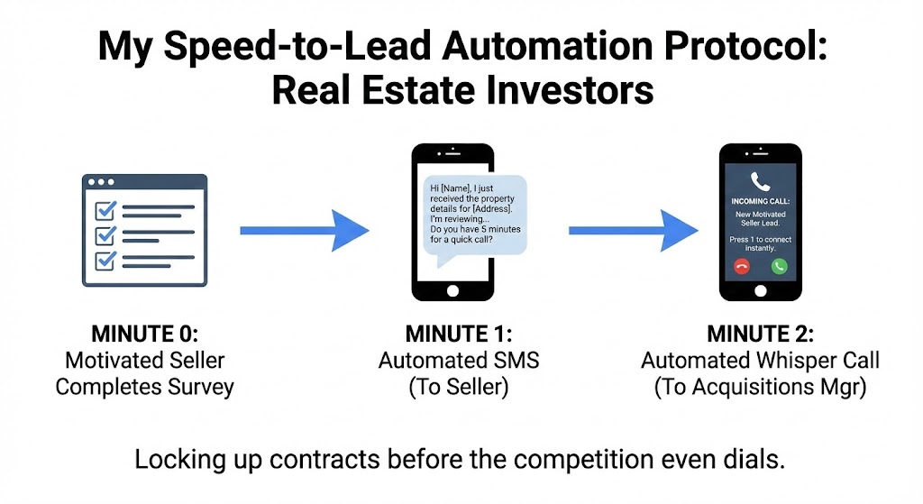 A CRM workflow diagram showing instant SMS and whisper call automation for a real estate investor funnel to lock up wholesale deals faster