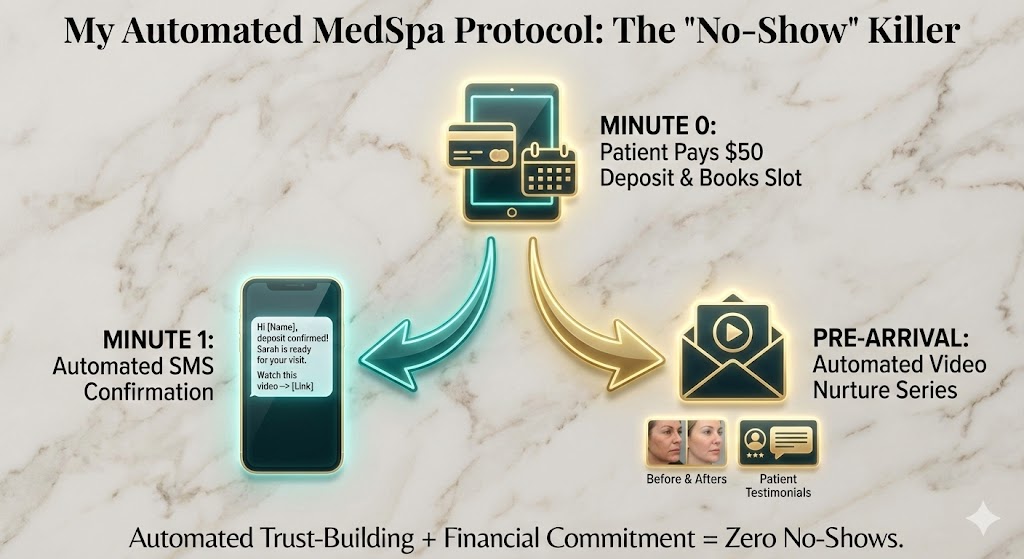 A CRM workflow diagram showing instant SMS, email nurturing, and a $50 booking deposit automation for a Medspa marketing funnel to eliminate no-shows