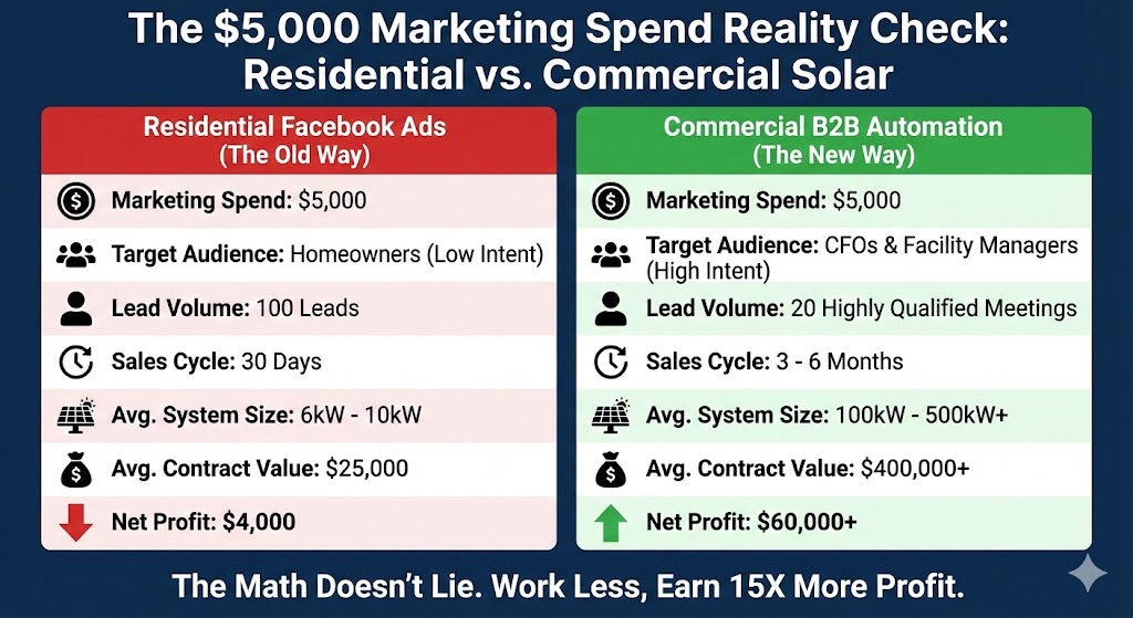 A comparison chart showing the massive ROI difference between selling 50 small residential solar systems versus 1 large commercial solar project