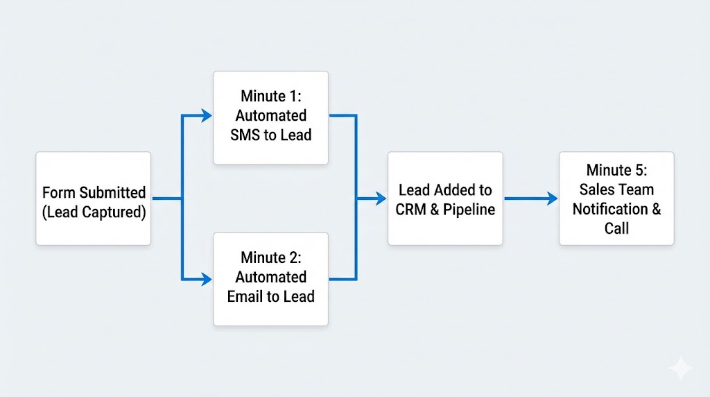 A flowchart diagram illustrating the automated backend process of a real estate lead generation funnel, including immediate SMS and email follow-ups and sales team notification.