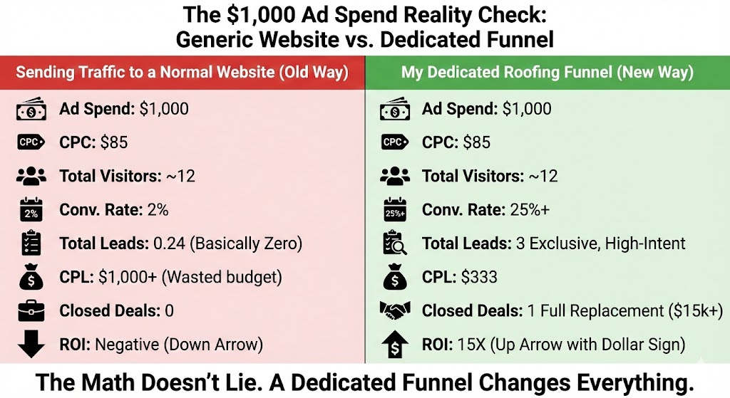 A flowchart diagram showing the mathematical breakdown of a profitable Google ads for roofers campaign converting $85 clicks into $15k jobs