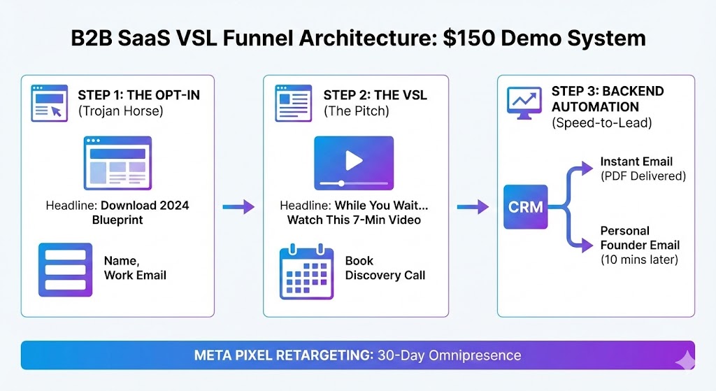 A flowchart showing the automated B2B SaaS lead nurture sequence from Facebook ad to booked demo