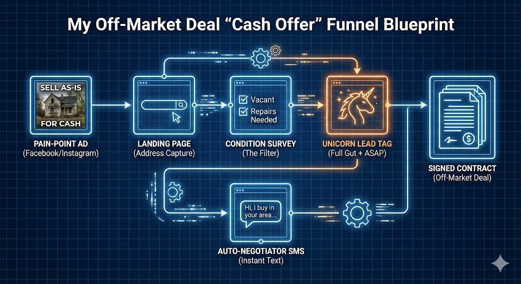 A funnel diagram showing the flow Pain-Point Ad to Condition Survey to Unicorn Lead Tag to Automated Negotiation to SMS Signed Contract