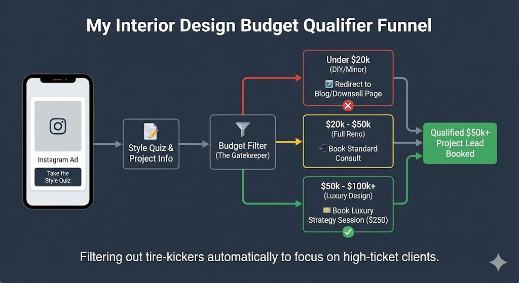 A funnel diagram showing the flow from Instagram Ad then Style Quiz then Budget Filter then Qualified $50k+ Lead booking
