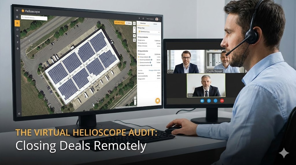 A sales engineer conducting a virtual solar audit via video call, demonstrating Helioscope design software to B2B clients to close a deal remotely.