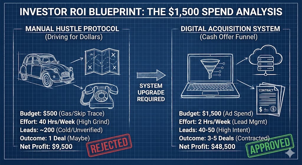 A split screen showing a tired wholesaler putting up 'We Buy Houses' bandit signs versus a smart investor reviewing 5 signed purchase contracts generated via a Facebook ad funnel