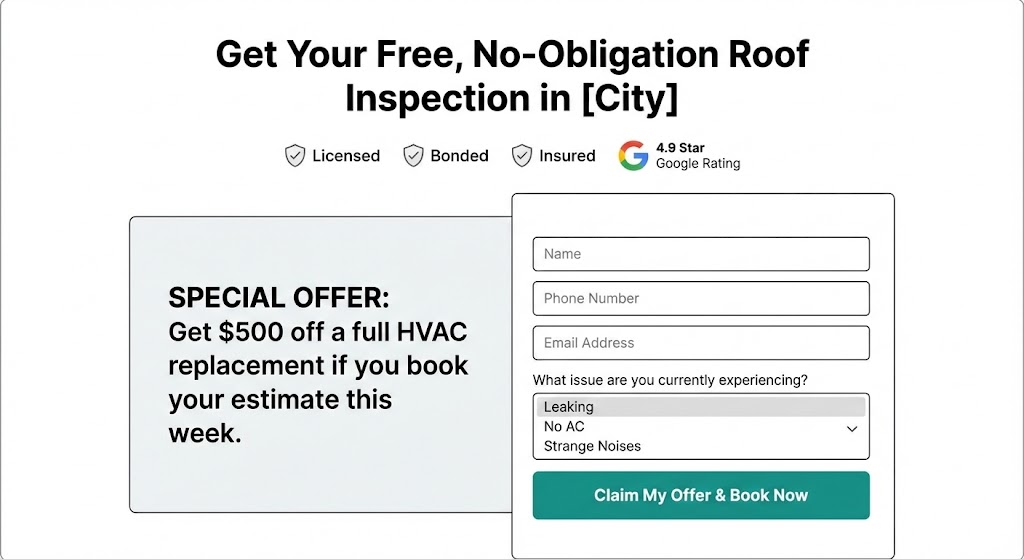 A wireframe diagram showing a high-converting landing page funnel design for Facebook ads for home service