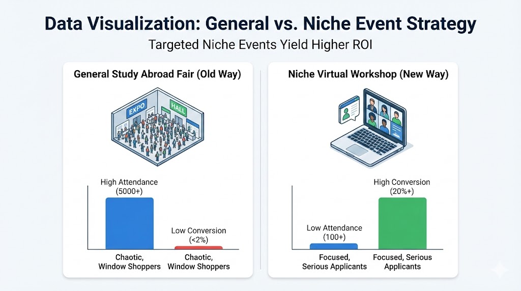 Chart comparing generic fairs vs niche study abroad marketing strategies