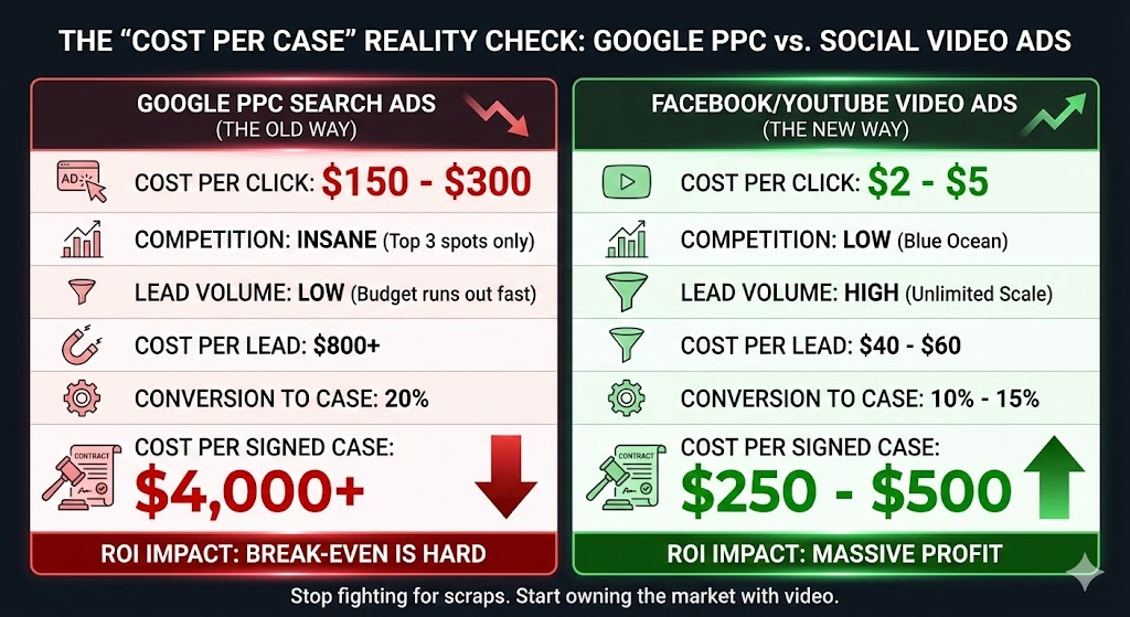 Comparison chart showing the exorbitant cost of Google Ads clicks versus the low cost and high ROI of signed cases from social video ads