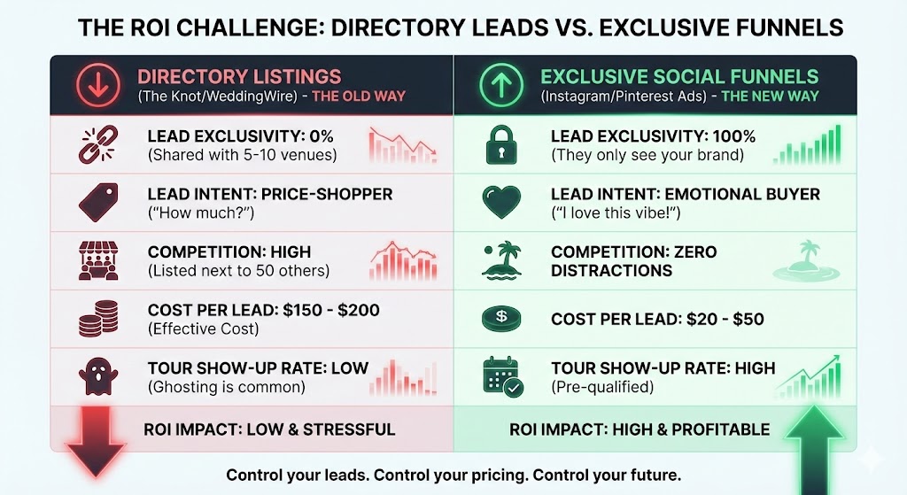 Comparison chart showing the high cost of traditional wedding venue marketing ideas versus the massive ROI of exclusive social media funnels