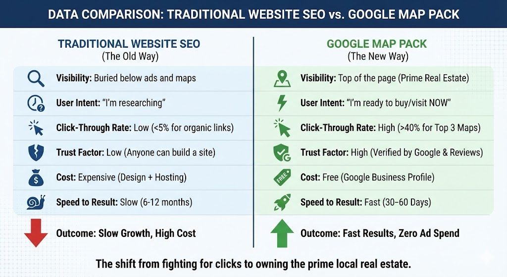 Comparison chart showing the massive click-through rate of the 'Local Map Pack' versus traditional organic website links