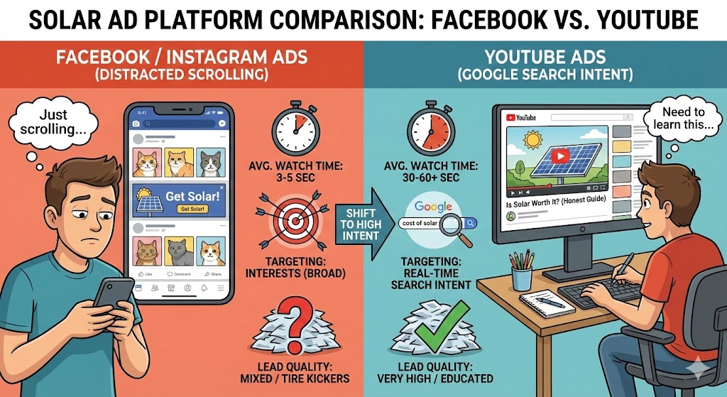 Data comparison showing superior watch time and intent on YouTube ads vs Facebook ads for solar