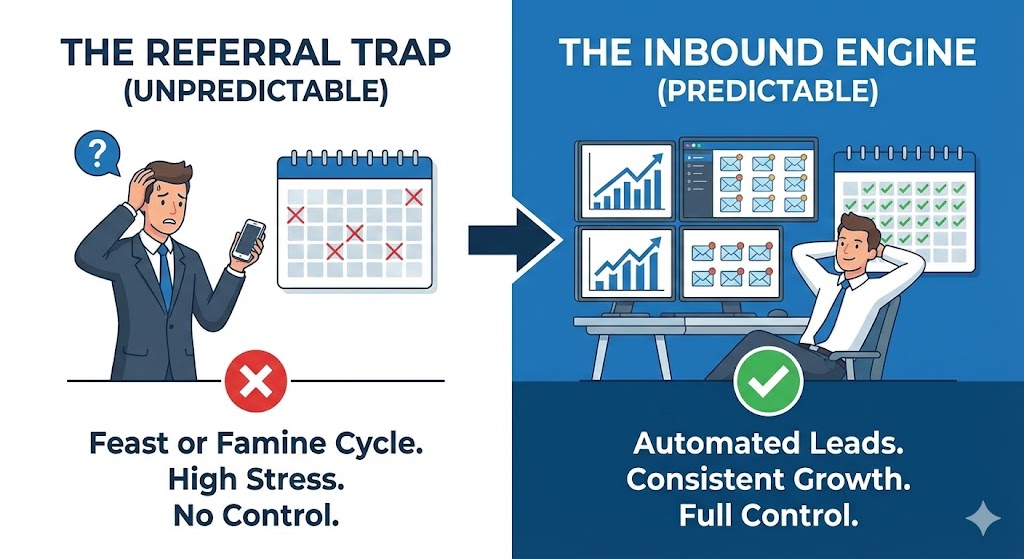 High ticket B2B leads comparison Referral drought vs inbound machine