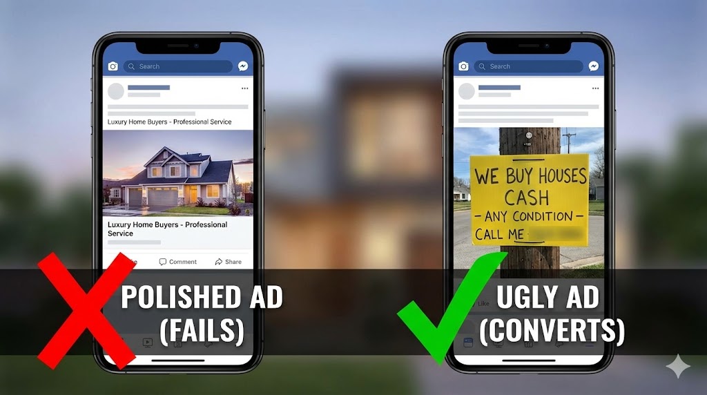 Polished ads vs Ugly ads example for Real Estate Facebook Ads Strategy.