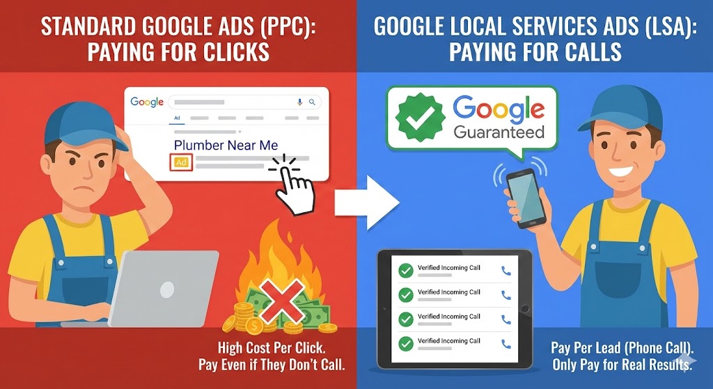 Standard Google PPC paying for clicks vs Google Local Services Ads paying for actual phone calls