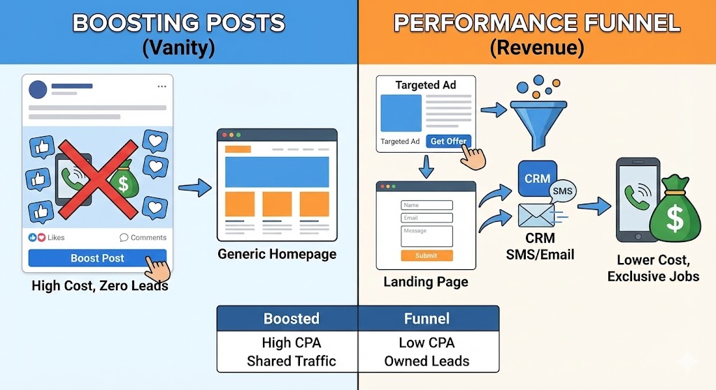 The mathematical difference in ROI between boosting posts and running a direct response Facebook ads funnel for home service