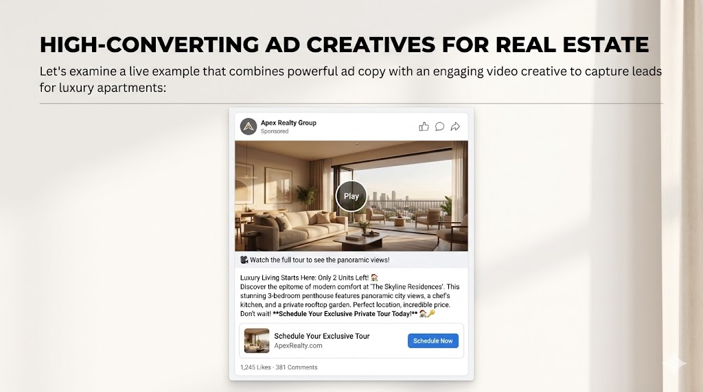 An example of high-converting ad copy and video creative for real estate Meta Ads.